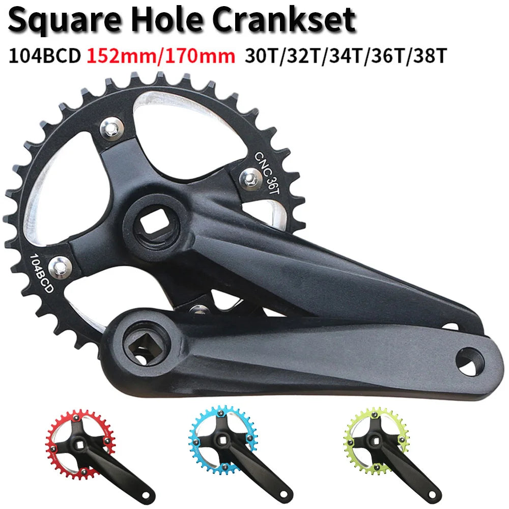 Bicycle crankset square taper single chainring 30T-42T black 152/165/170mm