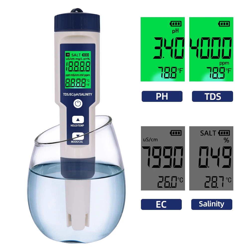 Professional Water Quality Tester 5 In 1 TDS/PH/EC/Temp /Salinity Meter Water Analyzer for Pools Drinking Water Aquarium Monitor