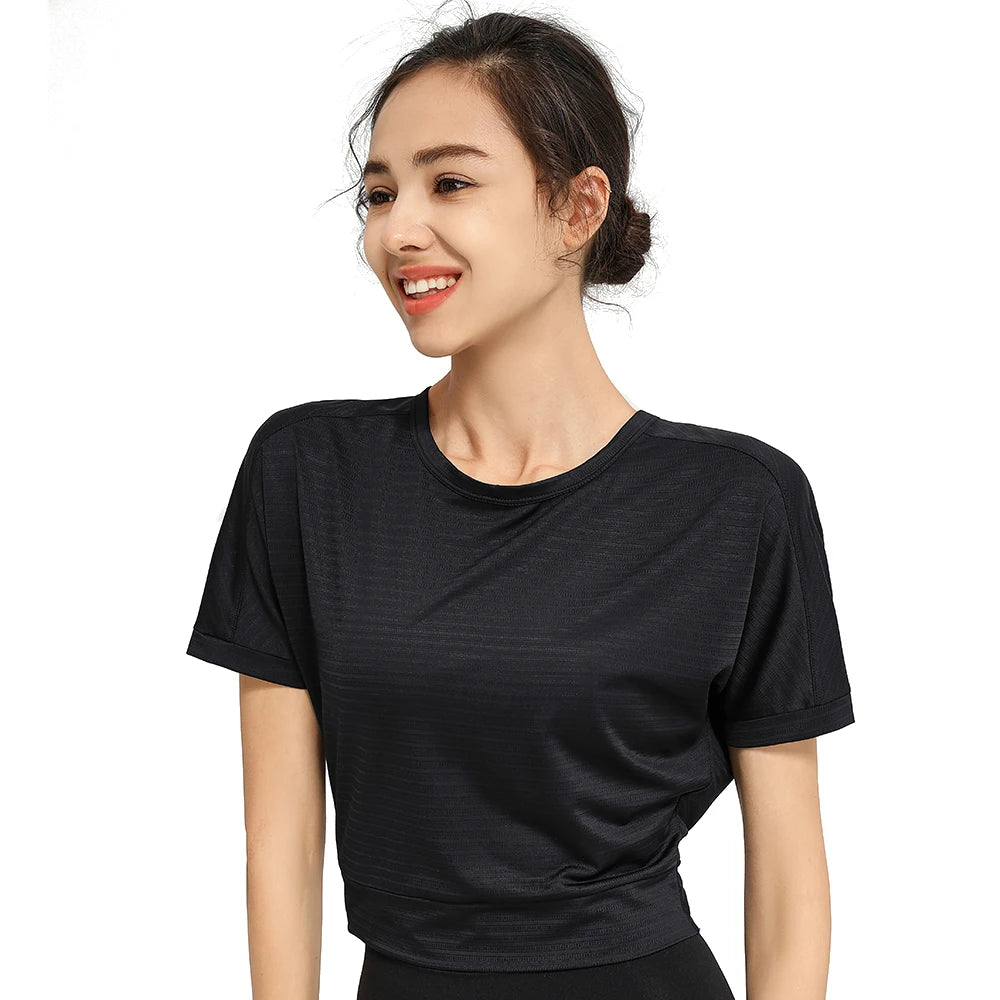 Women's Backless Crop Top Short Sleeve Nylon Workout Yoga Gym Shirt, Black Green Pink Purple S-XL