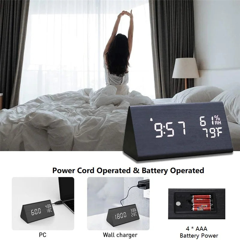 LED Bedside Alarm Clock with Sound Control Night Light USB Charging Temperature Display