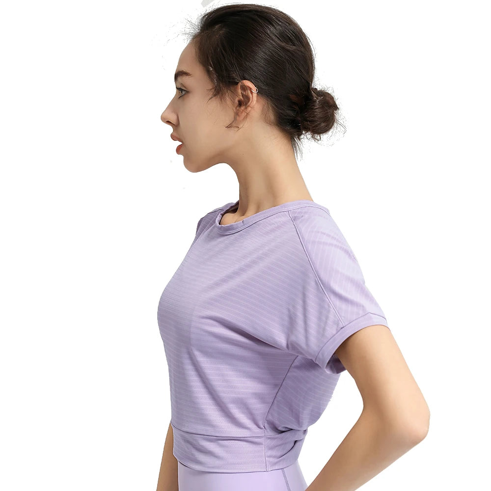 Women's Backless Crop Top Short Sleeve Nylon Workout Yoga Gym Shirt, Black Green Pink Purple S-XL