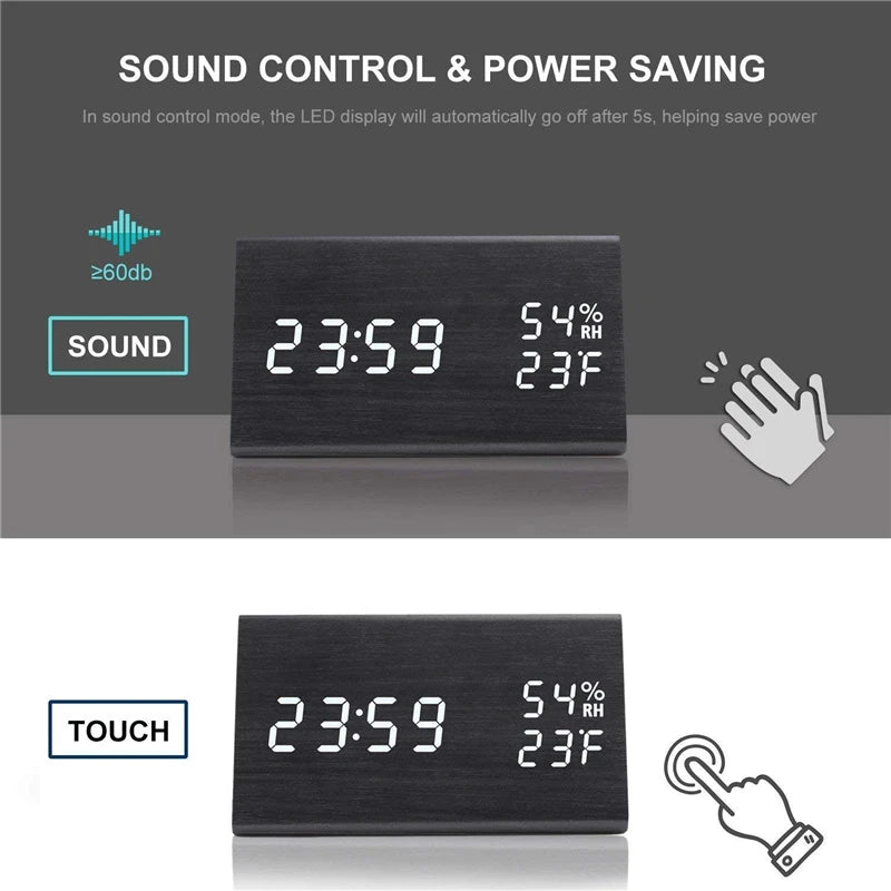 LED Bedside Alarm Clock with Sound Control Night Light USB Charging Temperature Display