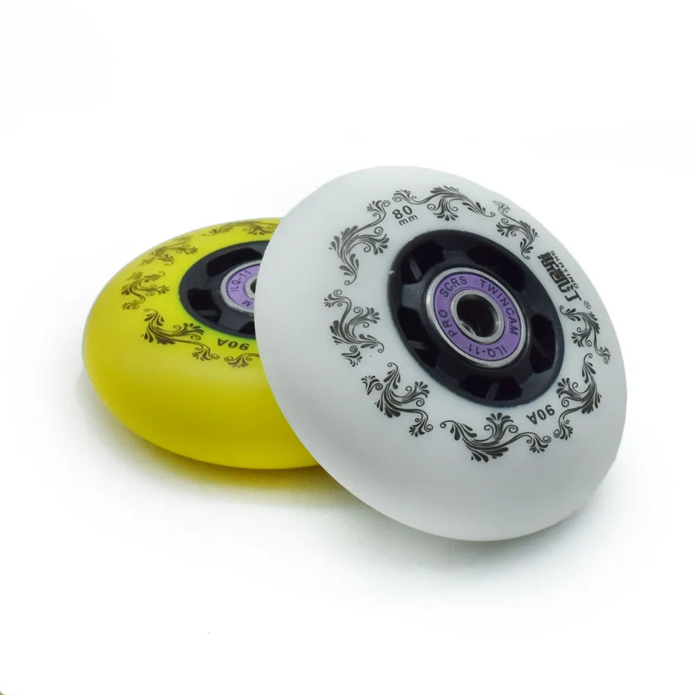 Inline skate wheels 8pcs 90A 72/76/80mm white or yellow, optional ILQ11 bearings