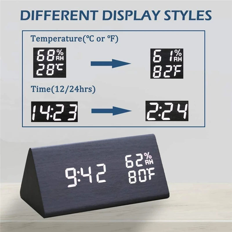 LED Bedside Alarm Clock with Sound Control Night Light USB Charging Temperature Display