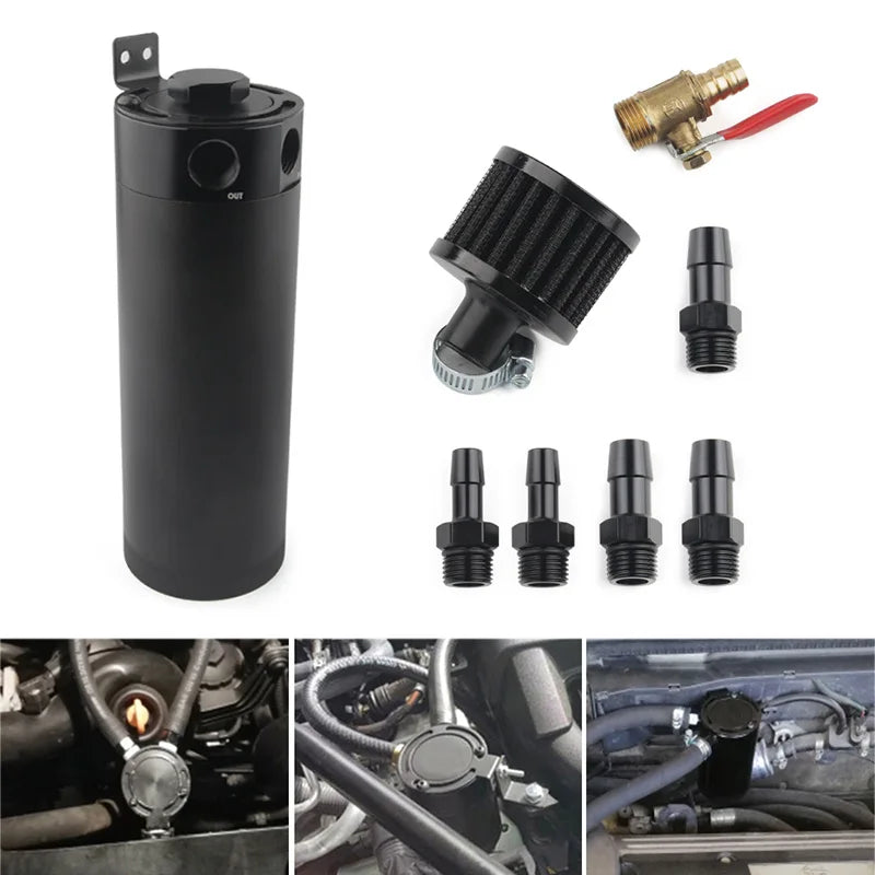 Universal Billet Aluminum Baffled 2-port New Long Oil Catch Can Tank with Breather Filter Engine Mini Oil Separator