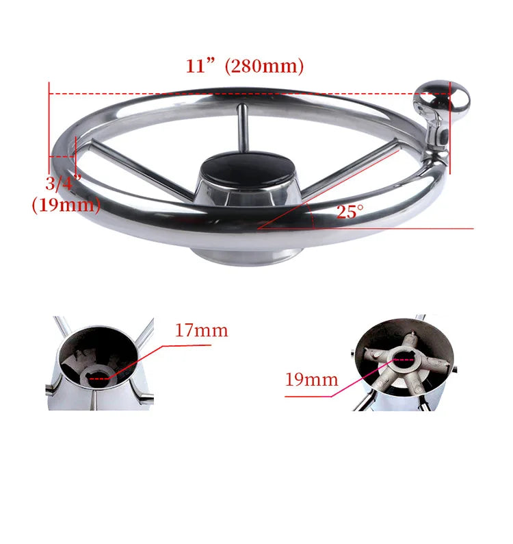 Boat Accessories  Steering Wheel With knob Stainless Steel 5 Spoke 25 Degree 11'' For Marine Yacht