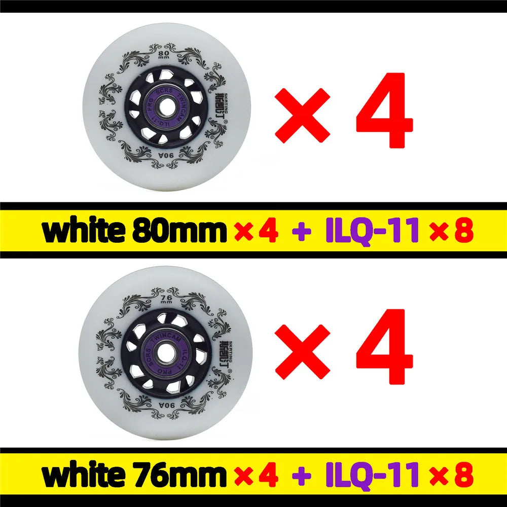 Inline skate wheels 8pcs 90A 72/76/80mm white or yellow, optional ILQ11 bearings