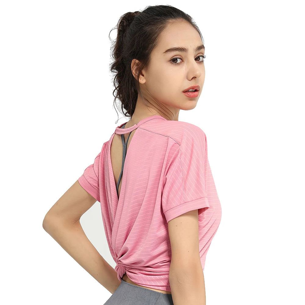 Women's Backless Crop Top Short Sleeve Nylon Workout Yoga Gym Shirt, Black Green Pink Purple S-XL