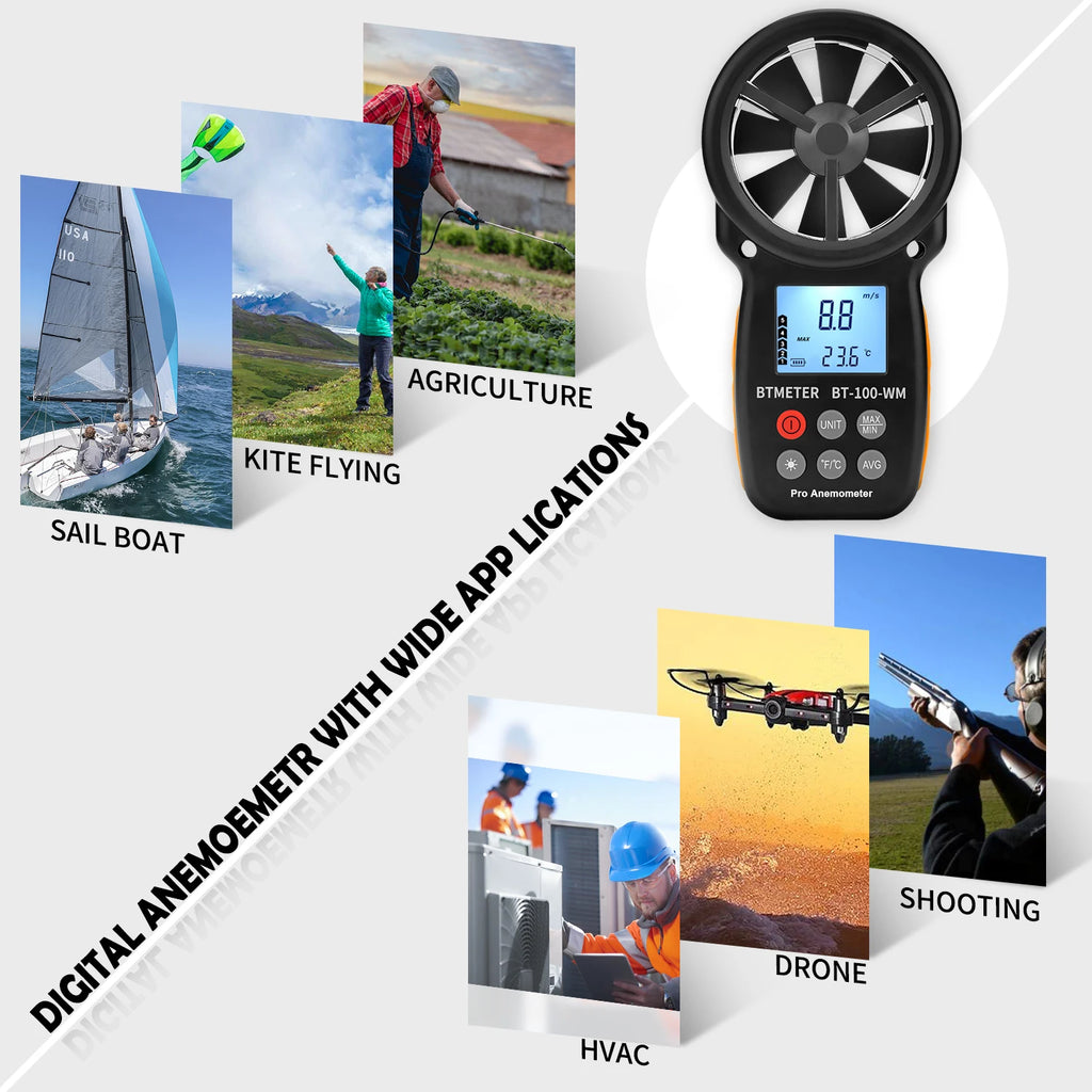 BTMETER BT-100-WM Digital Anemometer Barometer Handheld,for Wind Speed Temperature Wind Chill Tester Humidity