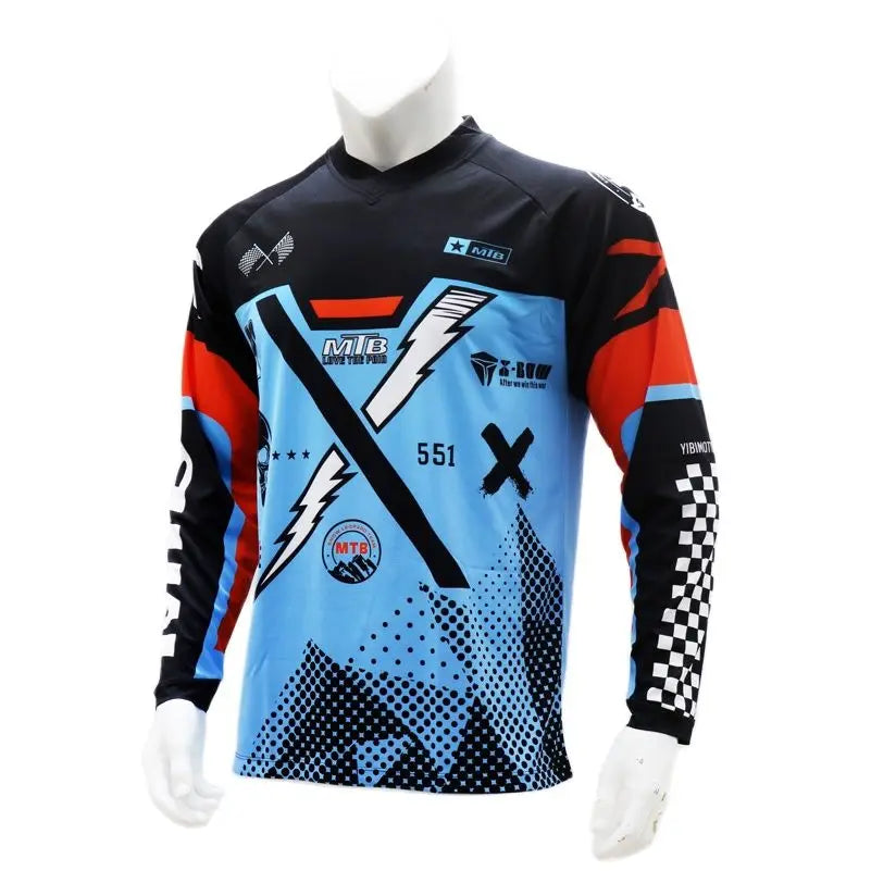 Men's Motocross Jersey Downhill MTB Cycling Shirt, Black/Blue/Beige, S-XXXL