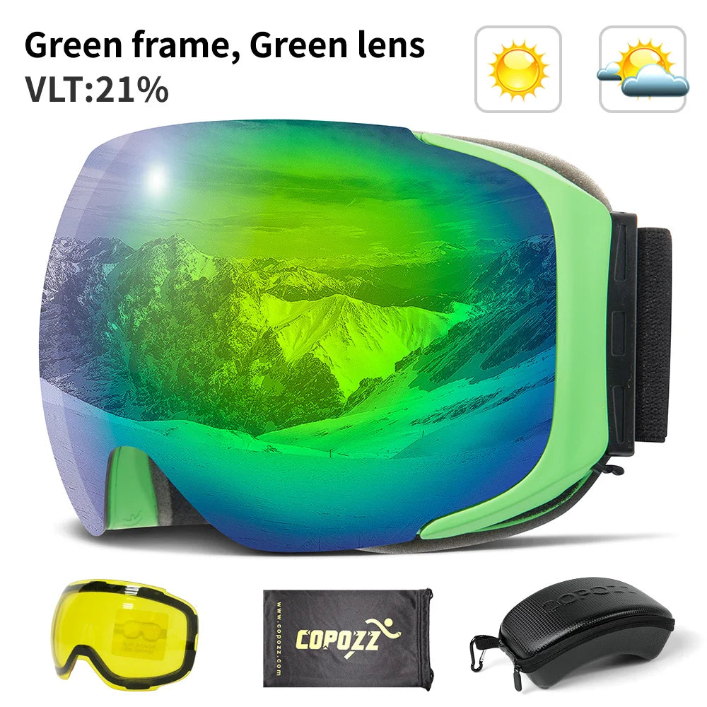 COPOZZ Magnetic Ski Goggles with Quick-Change Lens and Case Set 100% UV400 Protection Anti-fog Snowboard Goggles for Men & Women