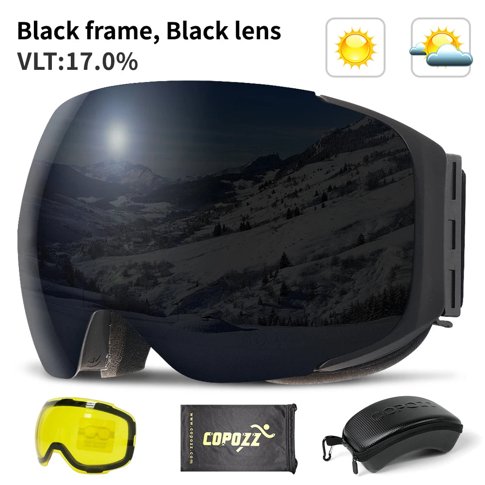 COPOZZ Magnetic Ski Goggles with Quick-Change Lens and Case Set 100% UV400 Protection Anti-fog Snowboard Goggles for Men & Women