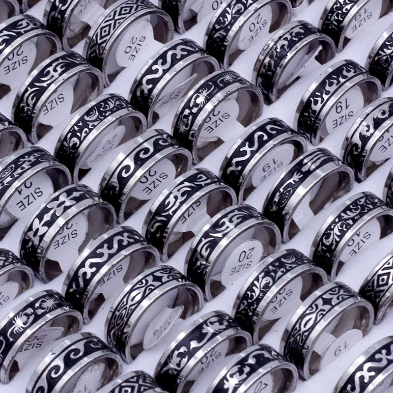 Stainless Steel Vintage Retro Carved Rings Set, Unisex, 24pcs Bulk Lot