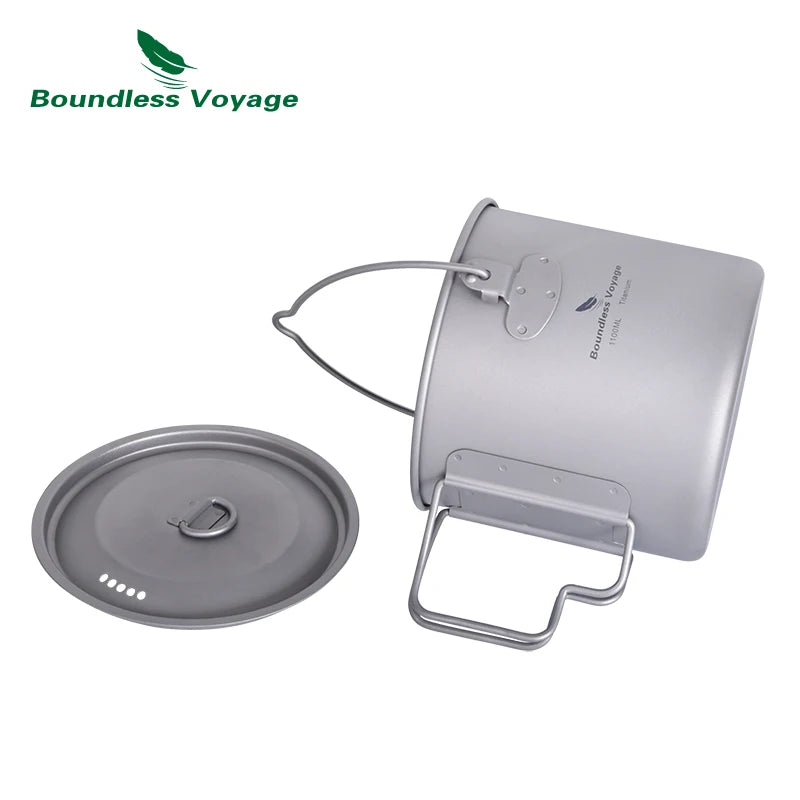 Boundless Voyage 1100ml Camping Titanium Hanging Pot with Lid Folding Handle Outdoor Hiking Picnic Ultralight Cup Mug