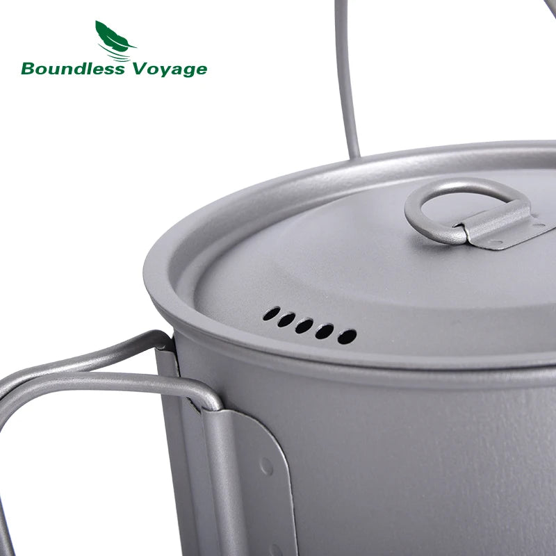 Boundless Voyage 1100ml Camping Titanium Hanging Pot with Lid Folding Handle Outdoor Hiking Picnic Ultralight Cup Mug