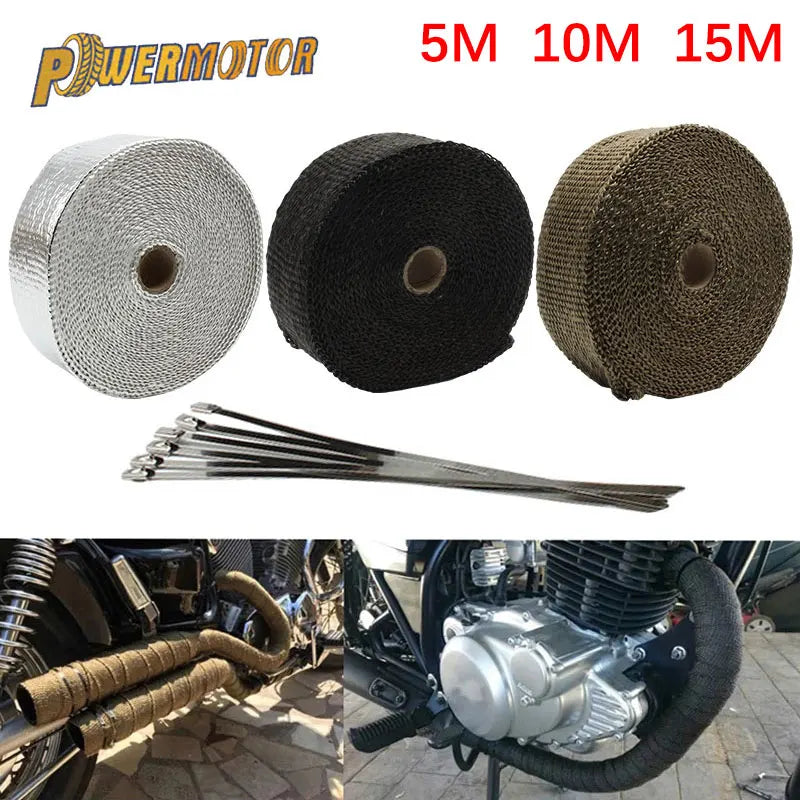 Motorcycle exhaust heat wrap tape 5cm x 5m/10m/15m, black/silver/titanium/white