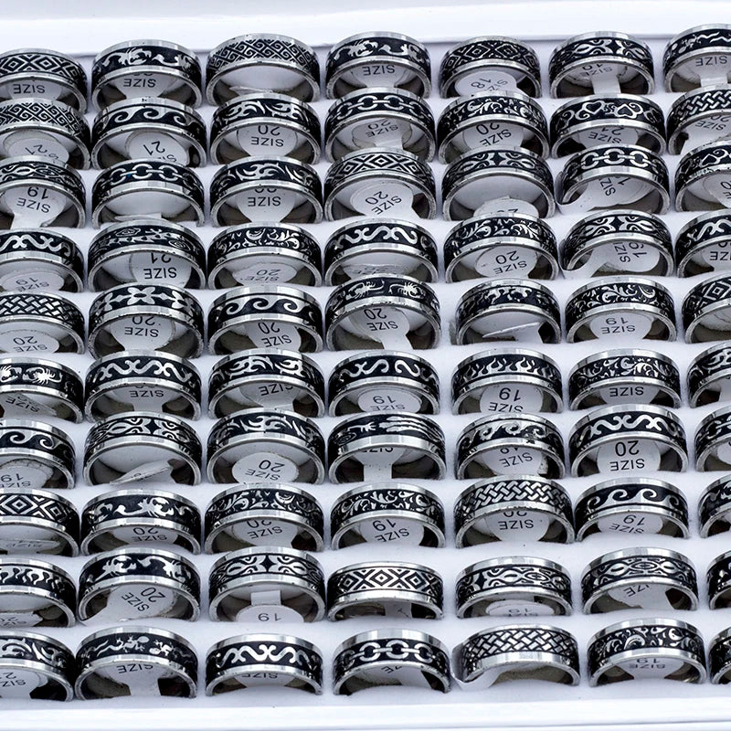 Stainless Steel Vintage Retro Carved Rings Set, Unisex, 24pcs Bulk Lot