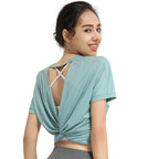 Women's Backless Crop Top Short Sleeve Nylon Workout Yoga Gym Shirt, Black Green Pink Purple S-XL
