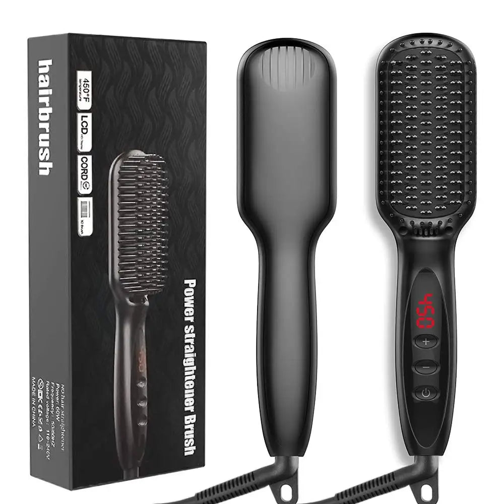 Hair Straightener Hot Comb 230℃ Anti-Scalding Hair Brush Ceramic Heating Lcd Display Dual Voltage Silent Beard Straightener Iron