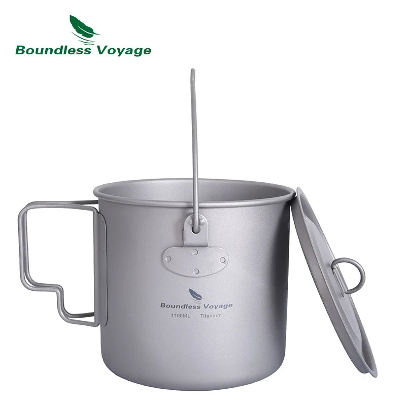Boundless Voyage 1100ml Camping Titanium Hanging Pot with Lid Folding Handle Outdoor Hiking Picnic Ultralight Cup Mug