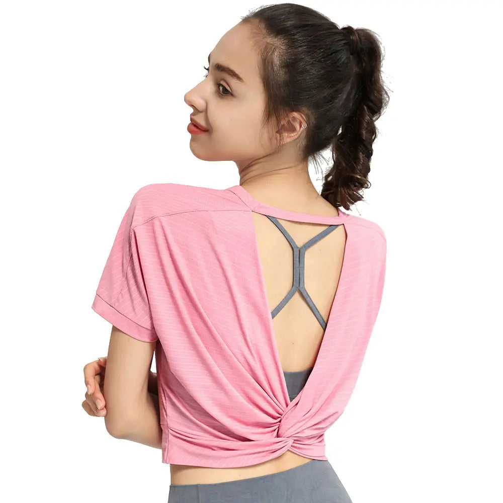 Women's Backless Crop Top Short Sleeve Nylon Workout Yoga Gym Shirt, Black Green Pink Purple S-XL