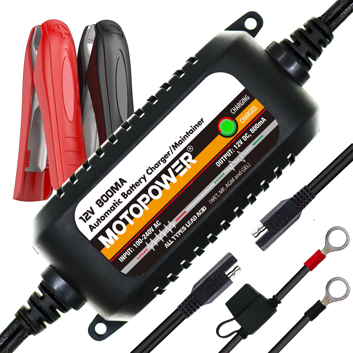 MOTOPOWER 12V 800mA Automatic Car Battery Charger Maintainer, Smart Charger, US/EU Plug