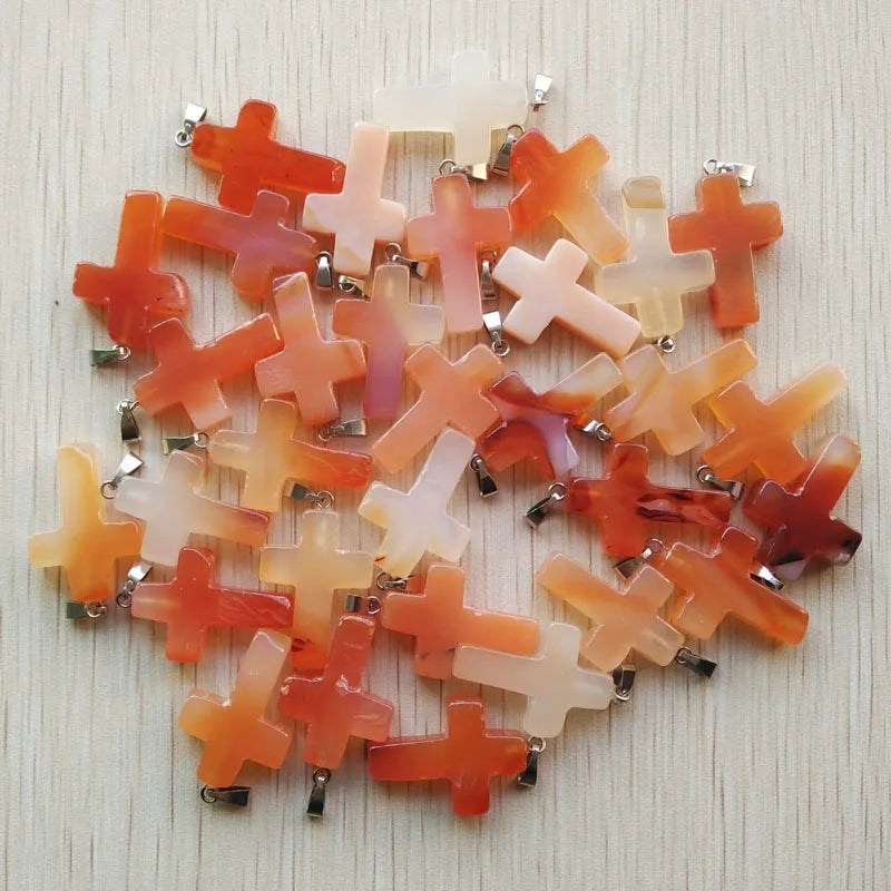 Wholesale 50pcs/lot  Fashion hot sell natural stone mixed color assort  cross pendants Charms fit Necklaces jewelry making