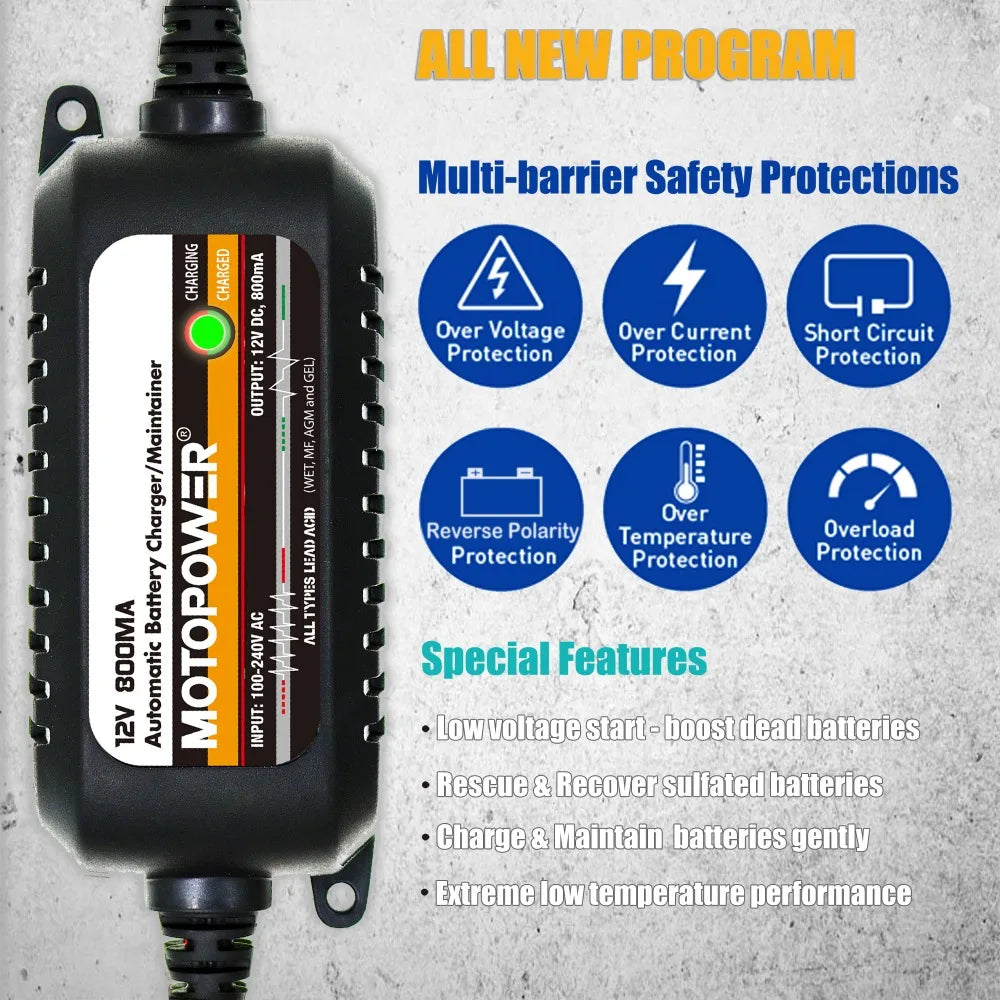 MOTOPOWER 12V 800mA Automatic Car Battery Charger Maintainer, Smart Charger, US/EU Plug