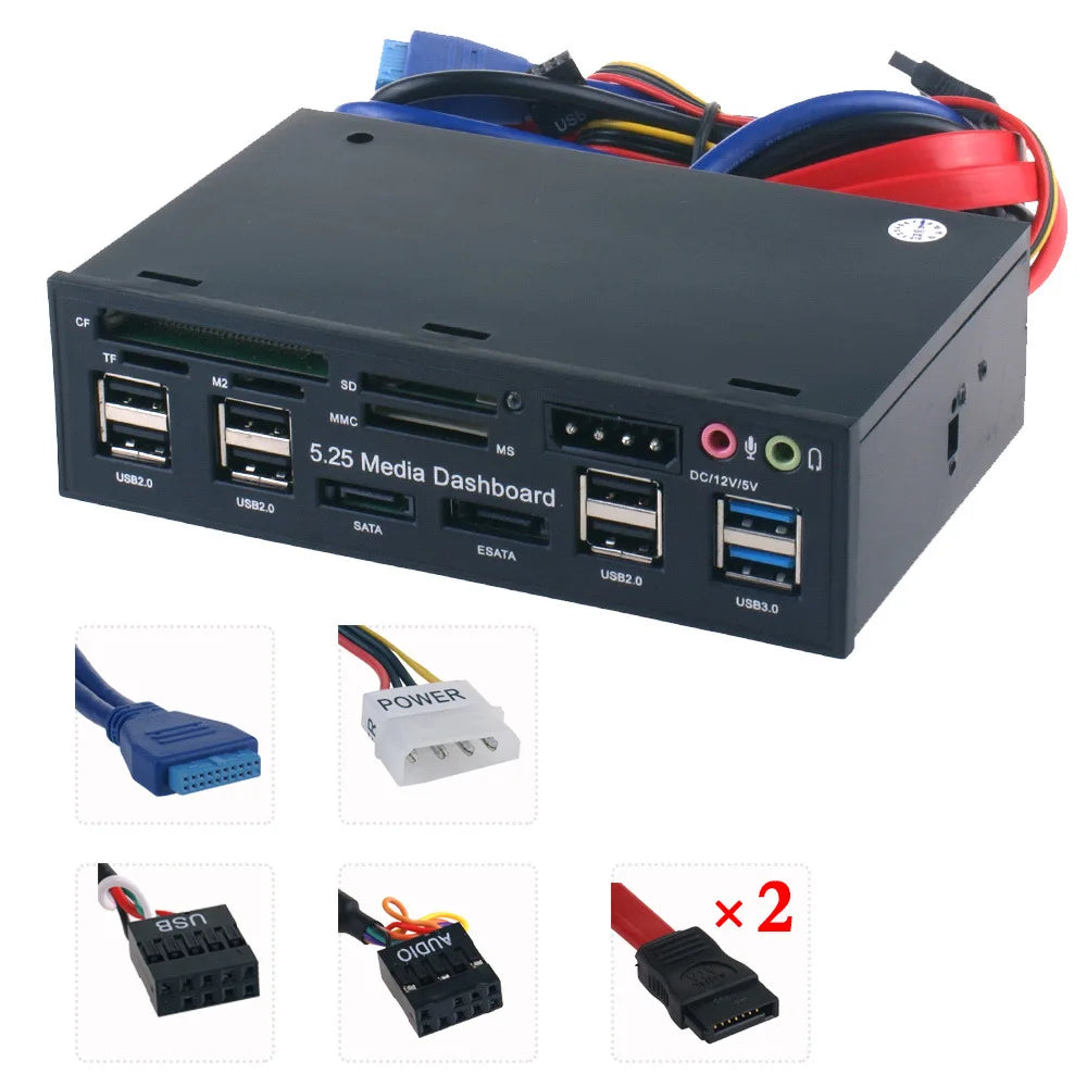 PC Front Panel USB 3.0 Hub with eSATA/SATA Ports & Multi Card Reader (SD/CF/TF/MS/MMC/M2)