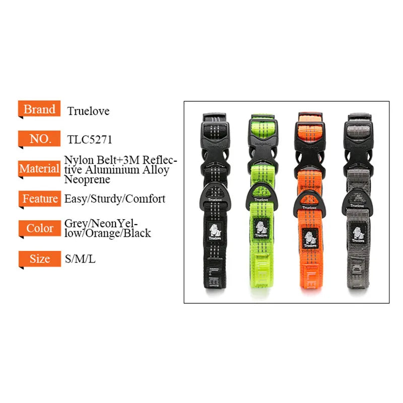 Truelove Reflective Nylon Dog Collar, Adjustable Padded Soft, Black/Gray/Neon Yellow/Orange S-XL