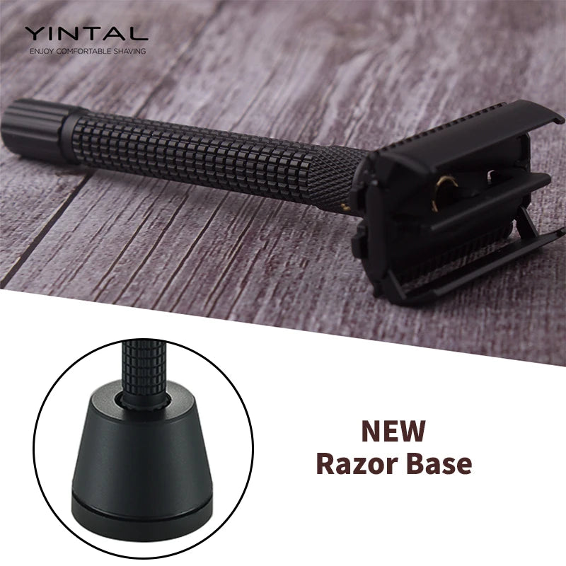 YINTAL Adjustable Butterfly Open Double Edge Safety Razor Set Matte BLACK Brass Razors 1 Razor 1 Base 5 Blades