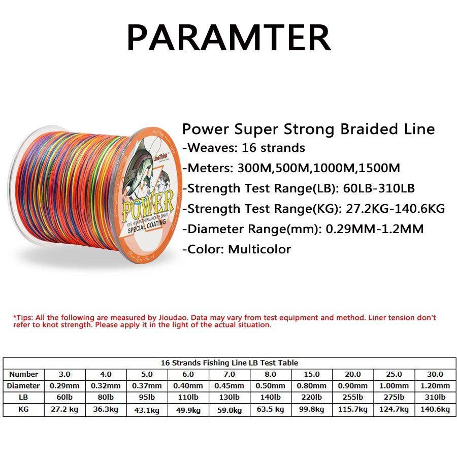 Power Fishing Wire 16 Strands Braided Fish Line 300m 500m 1000m 1500m Super Strong Japan Multifilament Multicolor PE Braid Line