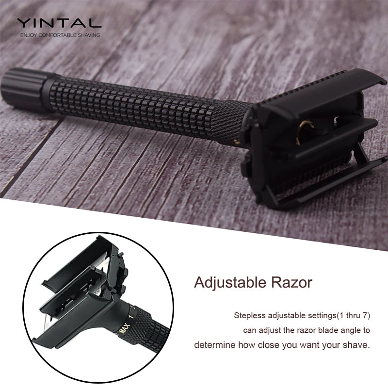 YINTAL Adjustable Butterfly Open Double Edge Safety Razor Set Matte BLACK Brass Razors 1 Razor 1 Base 5 Blades