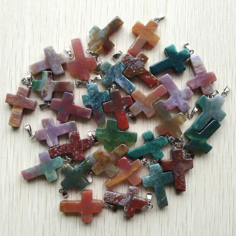 Wholesale 50pcs/lot  Fashion hot sell natural stone mixed color assort  cross pendants Charms fit Necklaces jewelry making