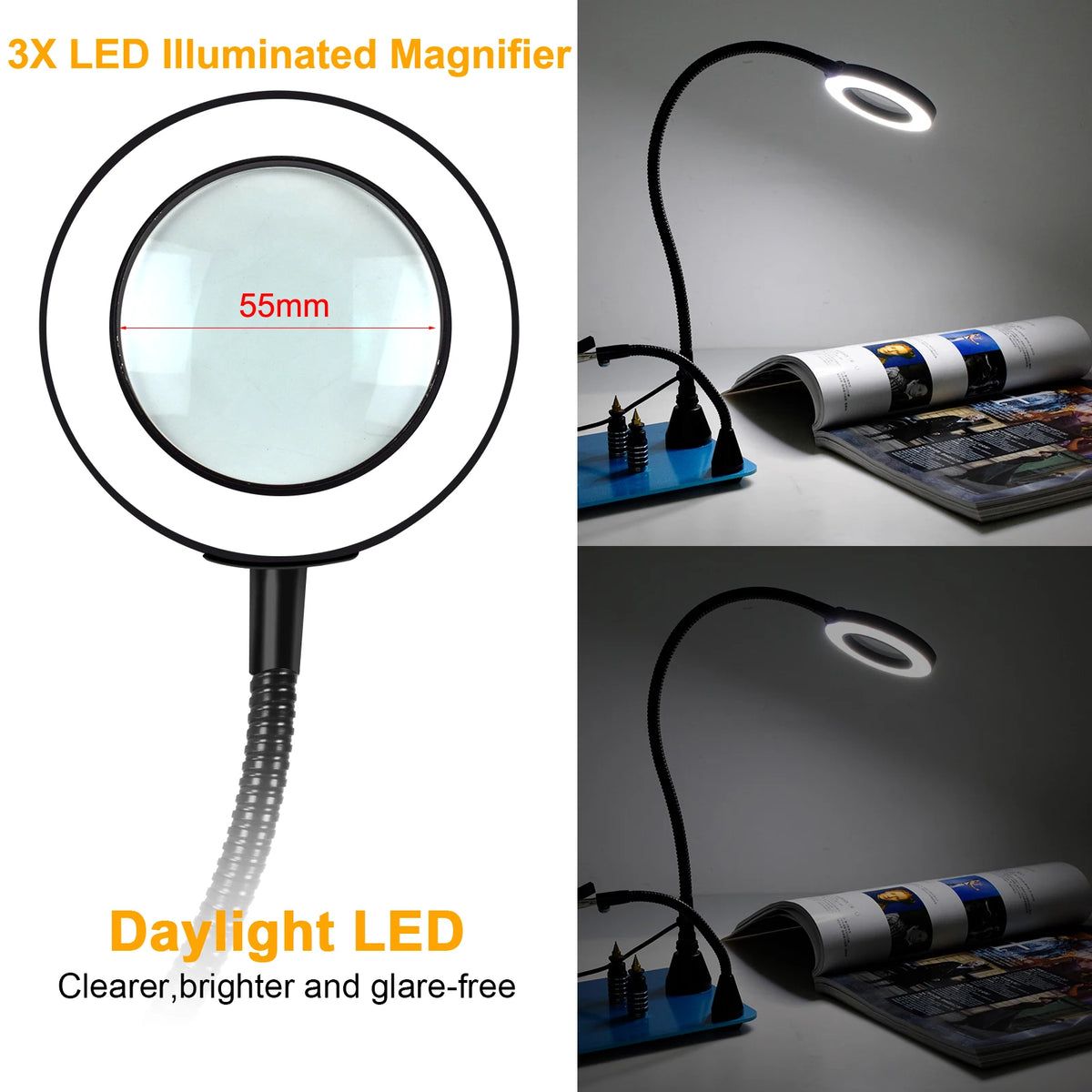 NEWACALOX PCB Fixture Clips Soldering Holder Third Hand Tool Magnetic Flexible Helping Hands with 3X LED Illuminated Magnifier