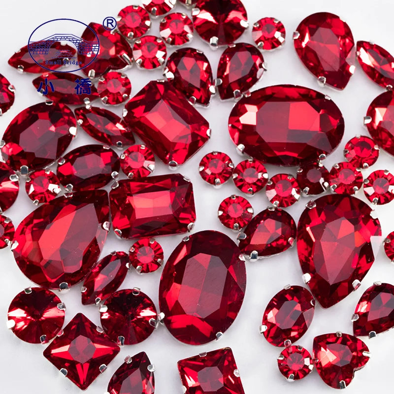 Mixed Shape Glass Rhinestones Pink Flatback Sew-On Claw Settings Craft Gems, 50pcs
