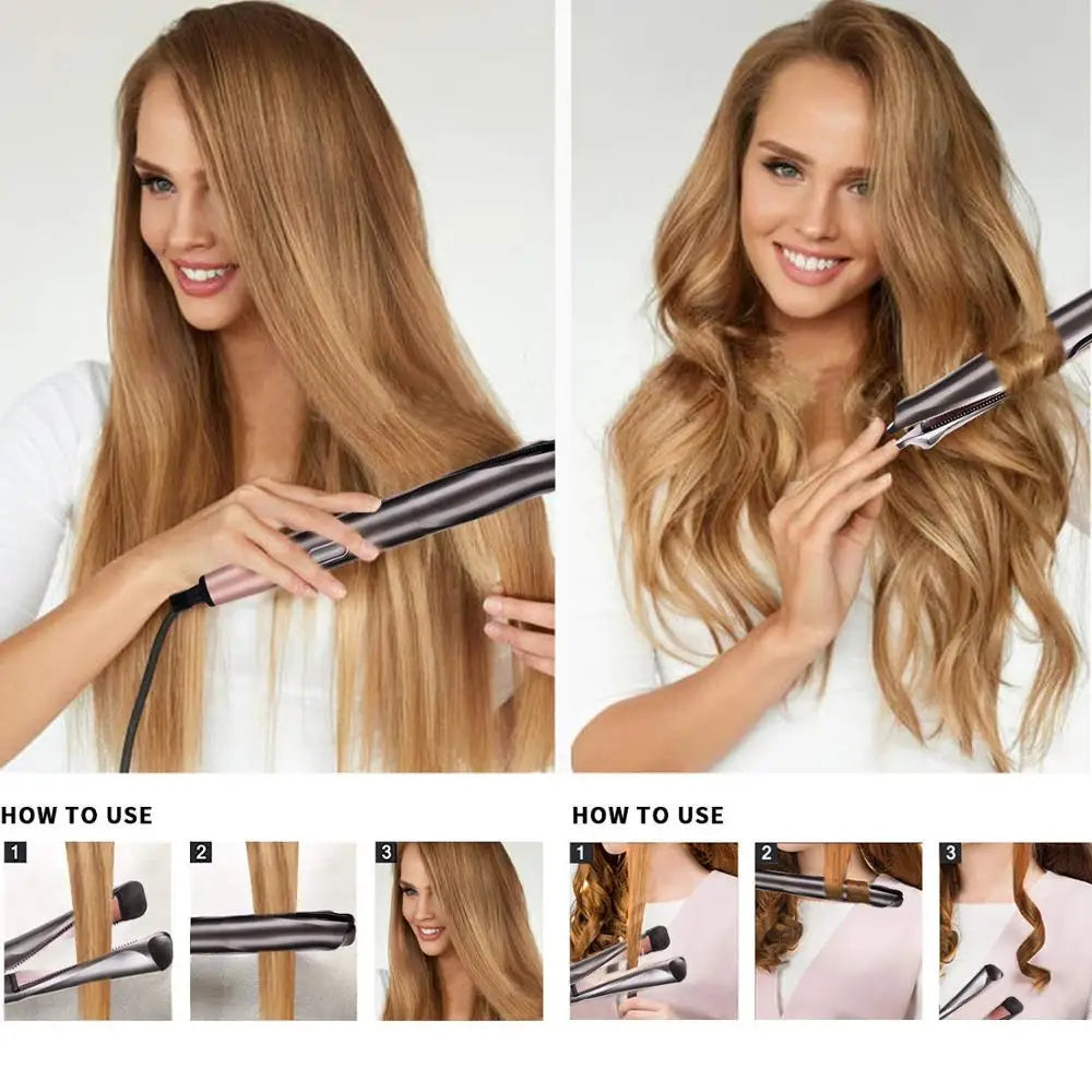 2-in-1 Hair Straightener Curler Twisted Tourmaline Ceramic Flat Iron, LCD, Black