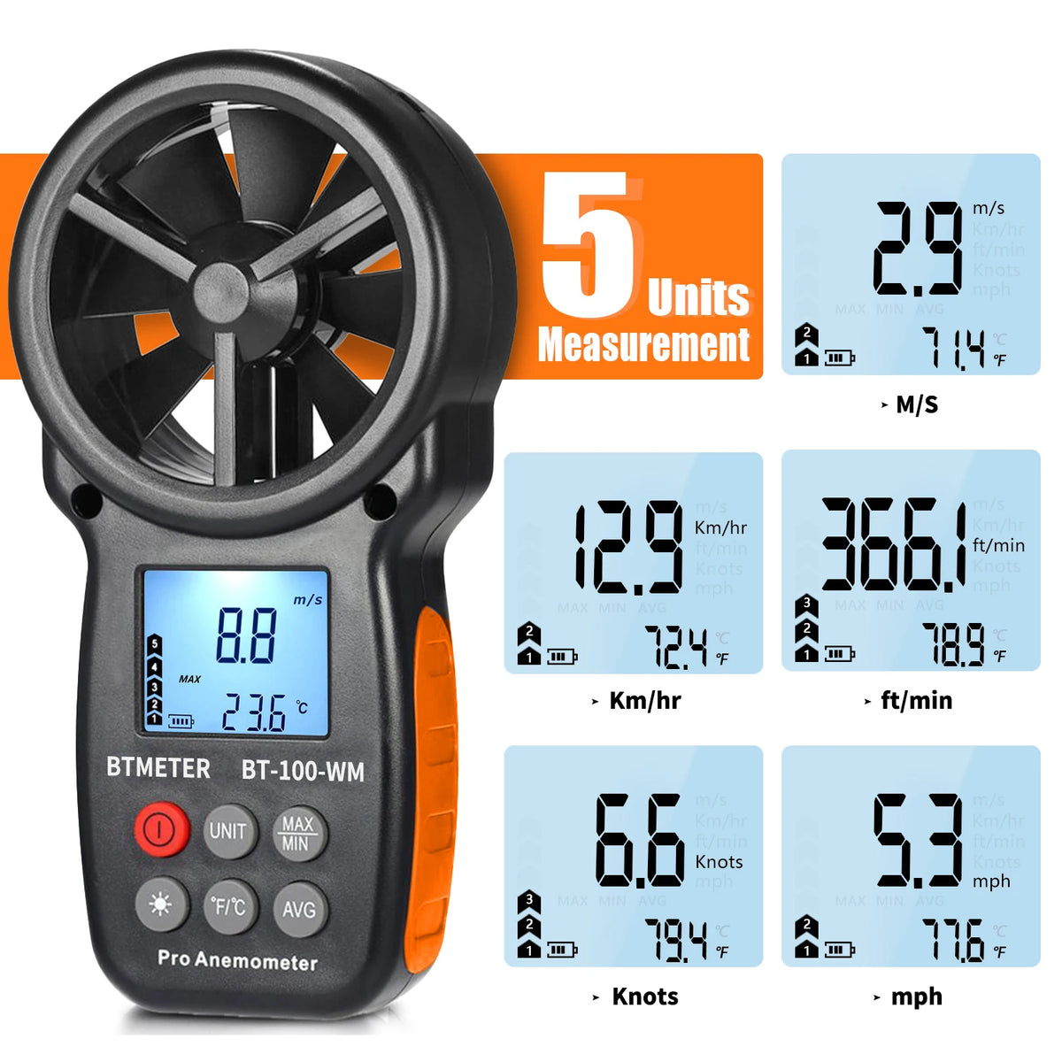 BTMETER BT-100-WM Digital Anemometer Barometer Handheld,for Wind Speed Temperature Wind Chill Tester Humidity
