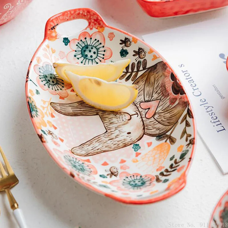 1pc/cute rabbit hand-painted bowl and plate underglaze ceramic household soup bowl commercial hotel noodle bowl fruit salad bowl