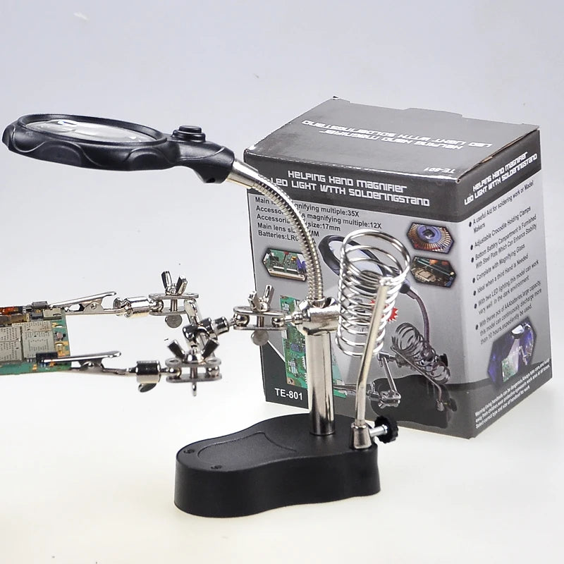 Soldering Iron Station Stand With Welding Magnifying Glass Clip Clamp Third Hand Helping Desktop Magnifier Soldering Repair Tool