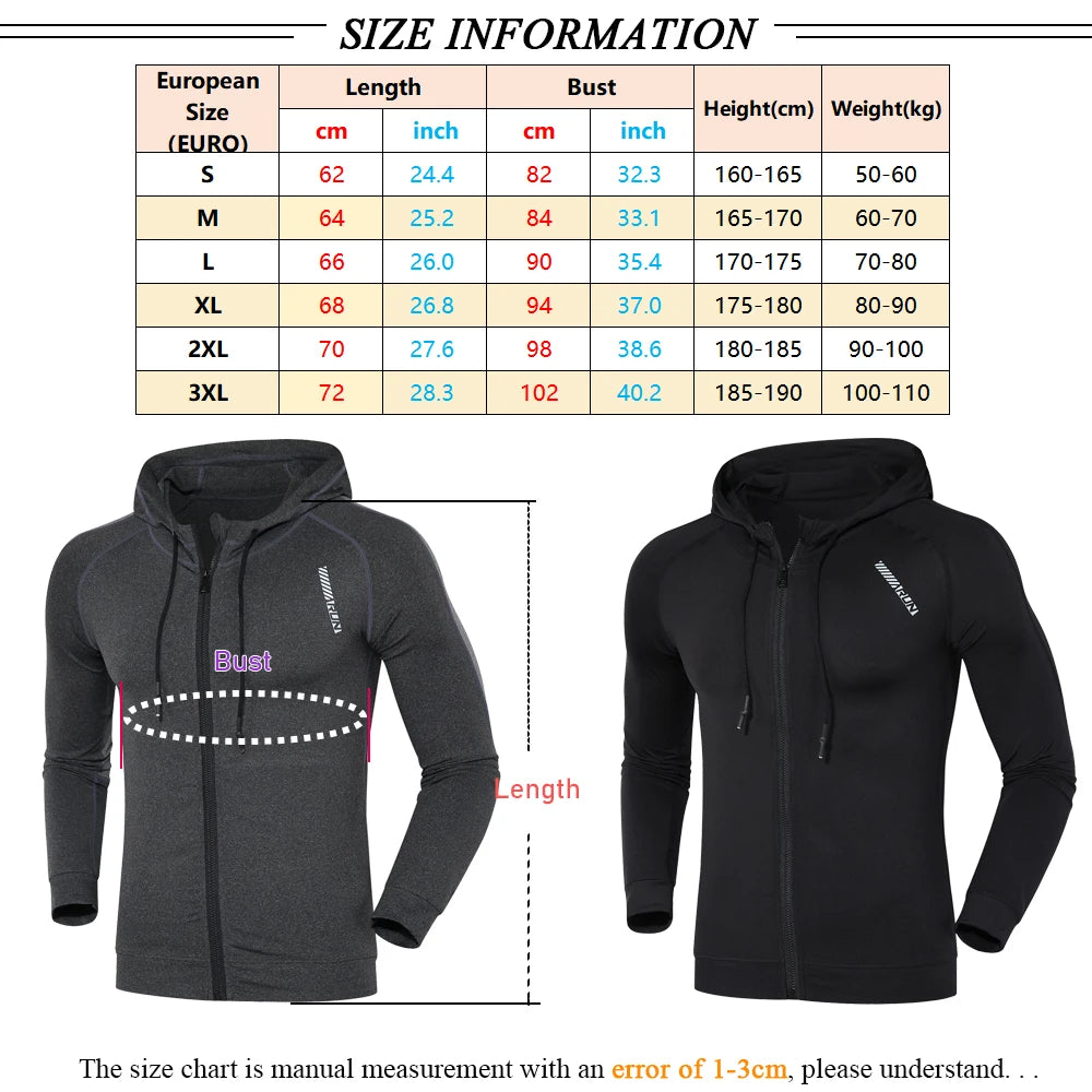 Men's Hooded Running Jacket Full Zip Quick Dry Long Sleeve Slim Fit, Black/Grey S-XXXL