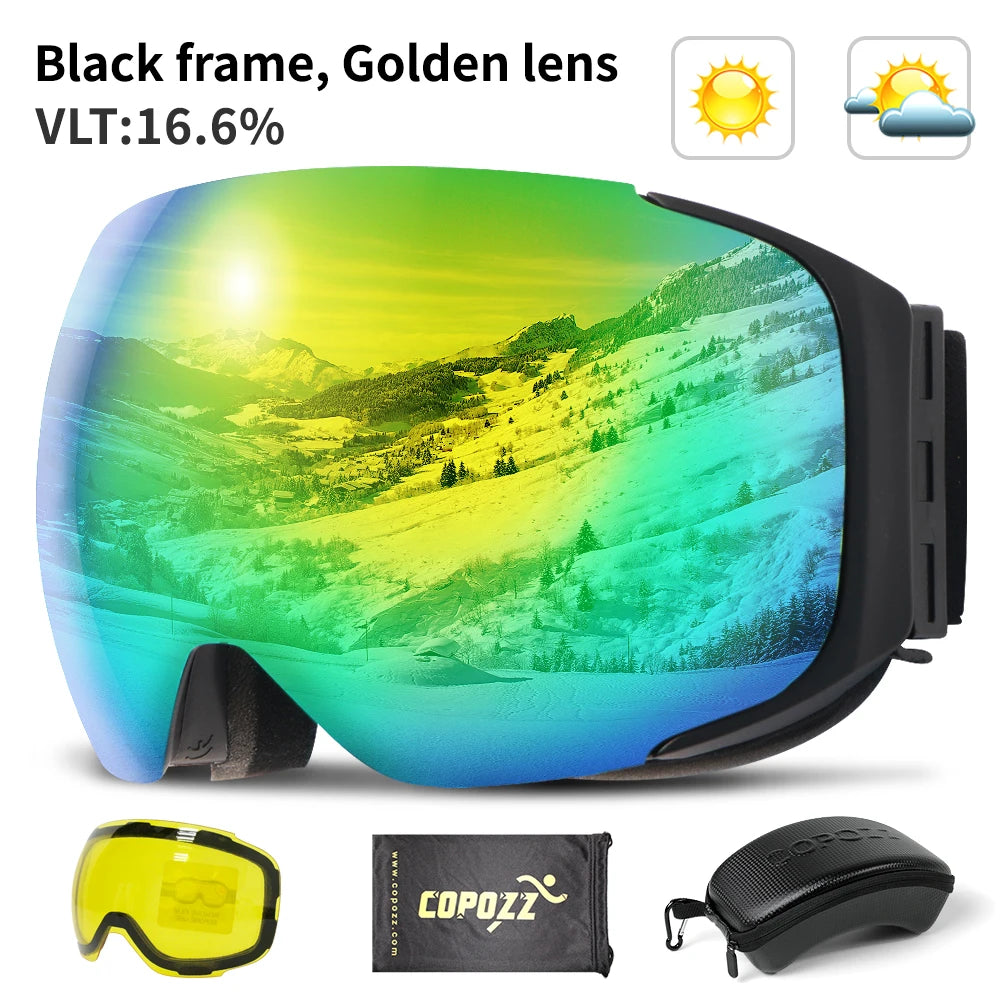 COPOZZ Magnetic Ski Goggles with Quick-Change Lens and Case Set 100% UV400 Protection Anti-fog Snowboard Goggles for Men & Women