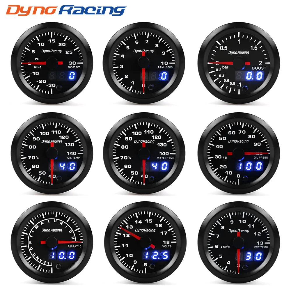 Dynoracing 2" 52mm 7 Colors LED Dual Display Boost Water Oil temp Oil pressure Voltmeter Air fuel Ratio EGT Tachometer Car Gauge