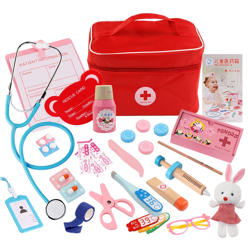 Wooden Pretend Play Doctor Educational Toys for Children Medical Simulation Medicine Chest Set for Kids Role Playing Pretend Toy