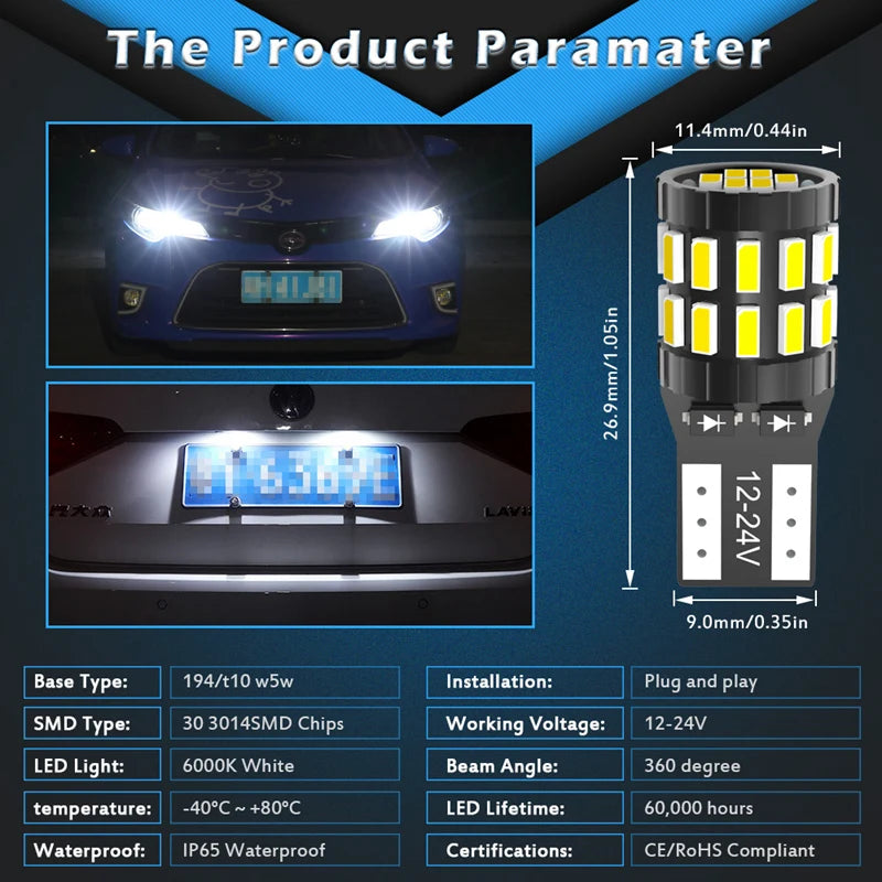 10pcs T10 W5W LED Canbus Bulbs 194 168 No Error LED Car Clearance Parking Light for Polo Passat B5 B6 CC Golf 4 5 6 7 Jetta MK6