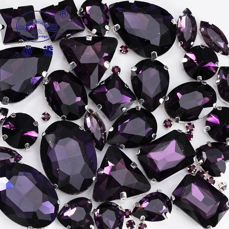 Mixed Shape Glass Rhinestones Pink Flatback Sew-On Claw Settings Craft Gems, 50pcs