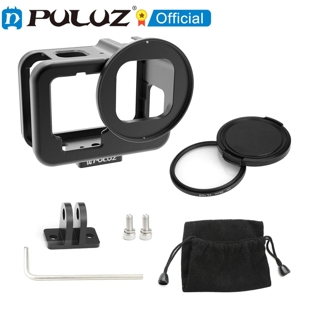 PULUZ for GoPro HERO12 11 Black 10 9 Black Thicken Housing Shell CNC Aluminum Alloy Protective Cage with Frame & 52mm UV Lens