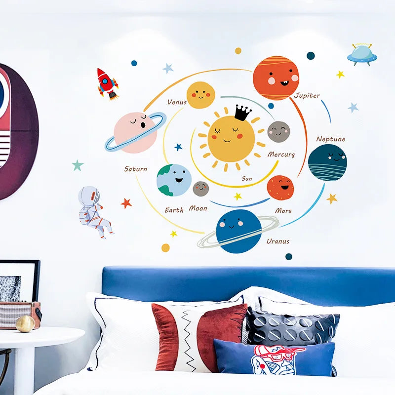 Cartoon Solar System Planets Wall Sticker Child Kids Room Home Decoration Mural Removable Wallpaper Bedroom Nursery Stickers