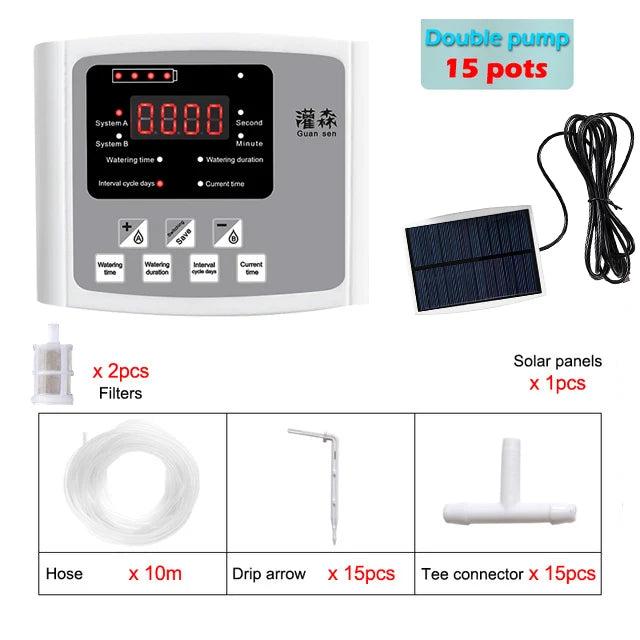 Garden Drip Irrigation Device Double Pump Controller Timer System, Solar Energy Intelligent Automatic Watering Device for Plants