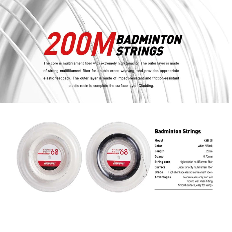 Kawasaki Badminton String Reel 200m KSB-68 Durable High Repulsion Power - Black/White